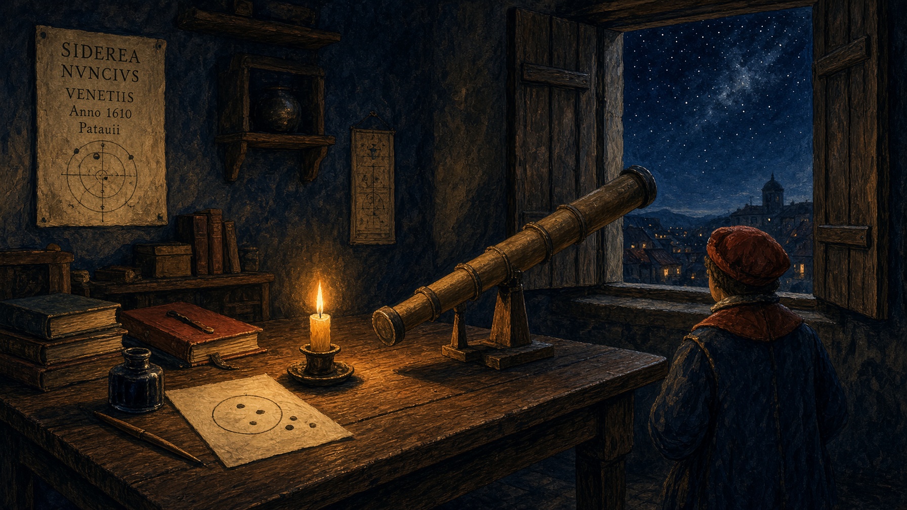 A 1610 study at night with a homemade telescope pointed at an open shutter.