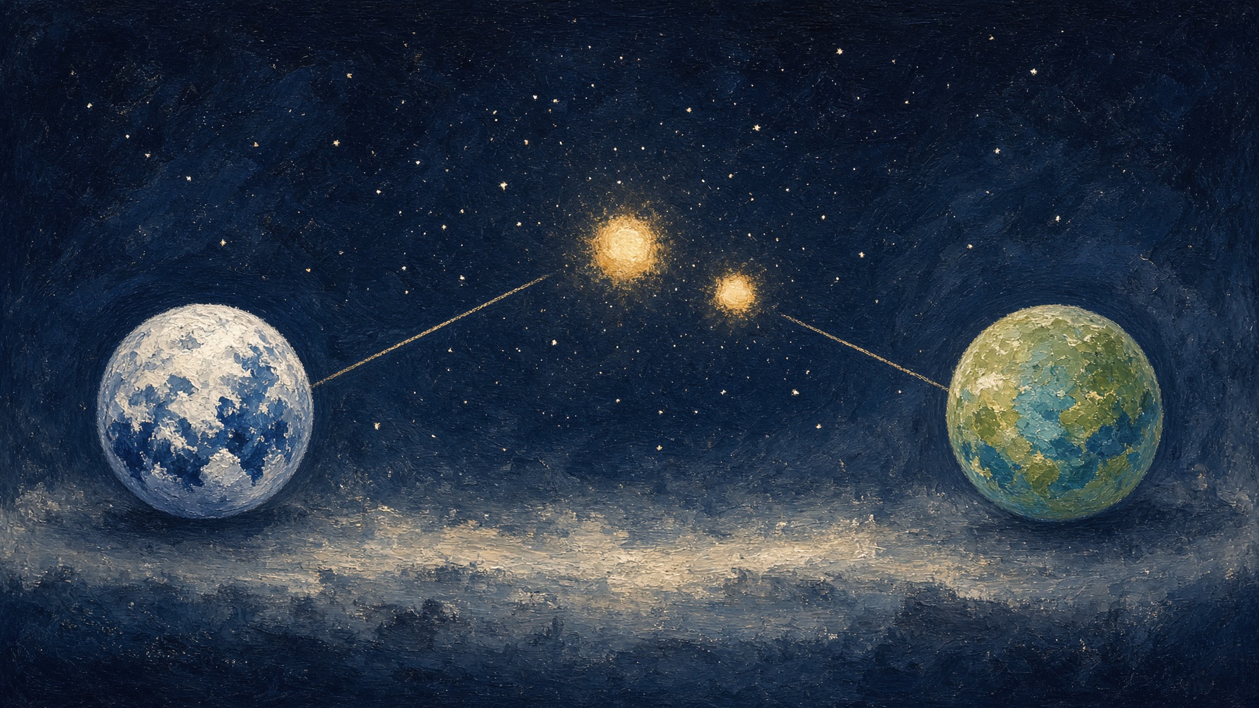 Earth in winter and Earth in summer, each sending a sightline to a nearby star that sits in two slightly different places against farther stars.